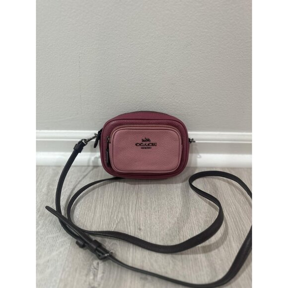 Coach Crossbody Bag Womens Pink Double Zip Camera Pebbled Leather Two Tone Mini - Picture 2 of 10